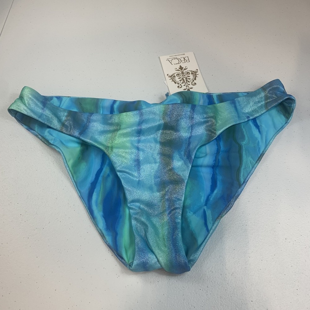 Becca Women's Bikini Swim Bottoms L Adela Hipster Blue Pool Reversible Beach
